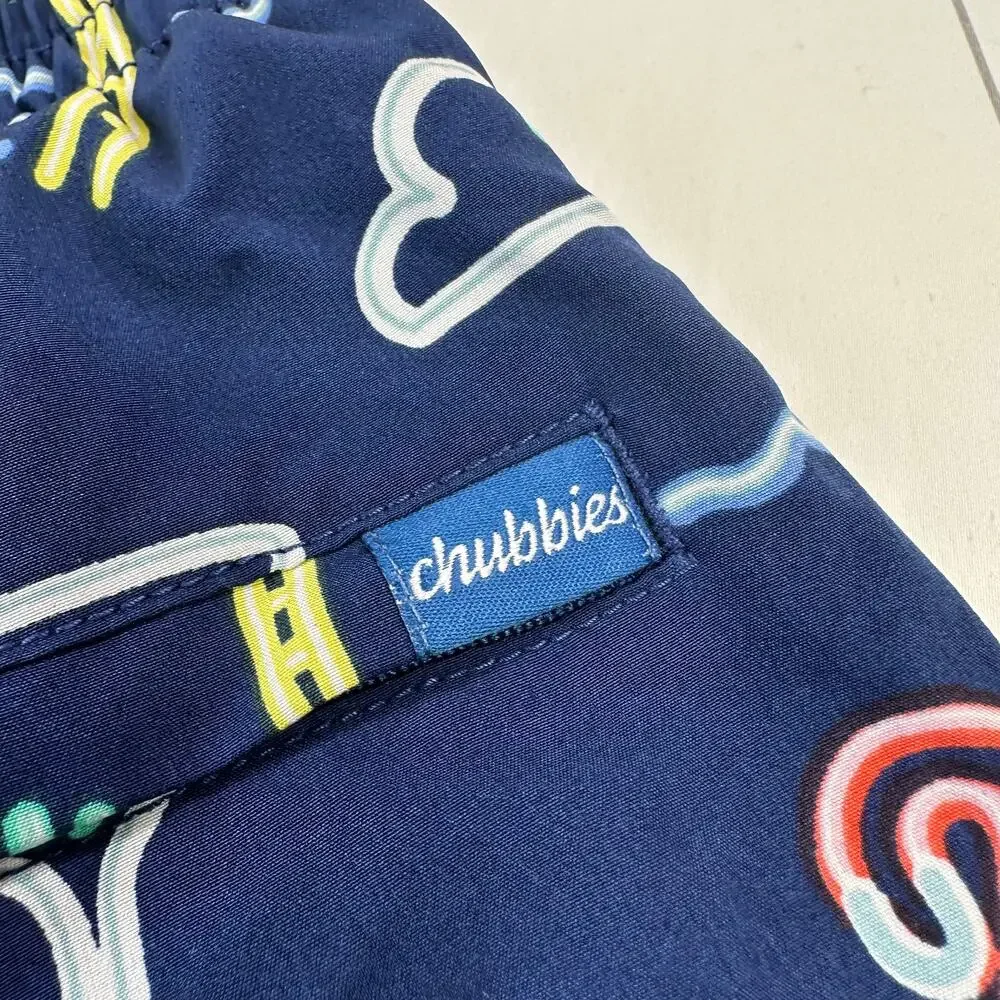 Chubbies Swim Shorts Men Medium Blue Electric Neon Flamingo Palm Tree Mesh Lined